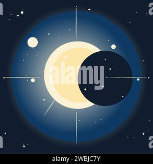 Hand drawn solar eclipse concept. Vector illustration on dark background. Stock Vector