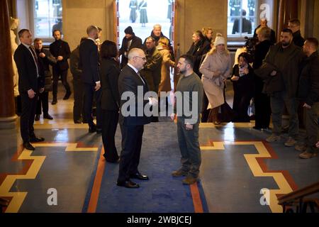 Tallinn, Estonia. 11th Jan, 2024. Ukrainian President Volodymyr Zelenskyy, right, is welcomed by Estonian President Alar Karis, left, during the arrival ceremony at the Presidential Palace Kadriorg Park, January 11, 2024 in Tallinn, Estonia. Credit: Ukraine Presidency/Ukrainian Presidential Press Office/Alamy Live News Stock Photo