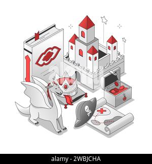 Magic childhood - isometric black and red line illustration Stock Vector