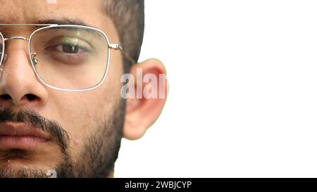Man's face, on a white background, close-up Stock Photo