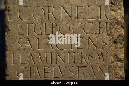 Honorific cippus from Thermae Cassiorum, Lisbon. 1st century AD. Inscription: 'To Lucius Cornelius Bocchus, son of Lucius, of the Galeria tribe, born in Salacia (Alcácer do Sal), flamen of the province of Lusitania, five times prefect of engineers and tribune of the Augustus' 8th Legion. Monument ordered to be erected by decree of the decurions. Detail. National Archaeology Museum. Lisbon, Portugal. Stock Photo