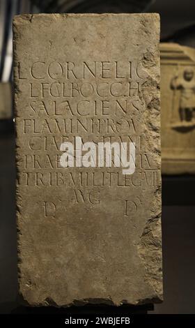 Honorific cippus from Thermae Cassiorum, Lisbon. 1st century AD. Inscription: 'To Lucius Cornelius Bocchus, son of Lucius, of the Galeria tribe, born in Salacia (Alcácer do Sal), flamen of the province of Lusitania, five times prefect of engineers and tribune of the Augustus' 8th Legion. Monument ordered to be erected by decree of the decurions. National Archaeology Museum. Lisbon, Portugal. Stock Photo