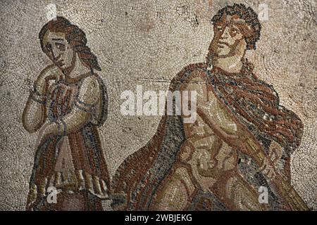 Madness of Heracles (Hercules furens). Roman mosaic panel. 3rd-4th centuries AD. Detail. From Torre de Palma Lusitan-Roman villa, Monforte, Portalegre district, Portugal. National Archaeology Museum. Lisbon, Portugal. Stock Photo