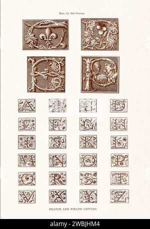 Medieval Alphabet initials. 19th-century book illustration showcasing ancient initials and decorative elements from medieval alphabets. Stock Photo