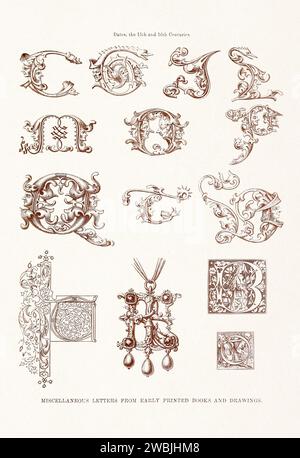 Medieval Alphabet initials. 19th-century book illustration showcasing ancient initials and decorative elements from medieval alphabets. Stock Photo