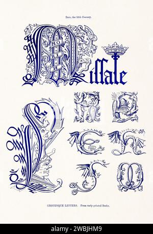 Medieval Alphabet initials. 19th-century book illustration showcasing ancient initials and decorative elements from medieval alphabets. Stock Photo