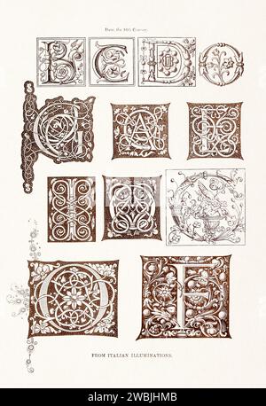 Medieval Alphabet initials. 19th-century book illustration showcasing ancient initials and decorative elements from medieval alphabets. Stock Photo