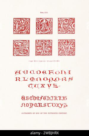 Medieval Alphabet initials. 19th-century book illustration showcasing ancient initials and decorative elements from medieval alphabets. Stock Photo