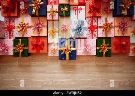 This image captures a stunning array of festively wrapped gift boxes, boasting various patterns and adorned with ribbons, artfully placed on a texture Stock Photo
