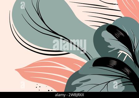 Hand drawn minimalist abstract background in trendy boho style. Organic shapes and floral elements in pastel colors on beige backdrop Stock Vector