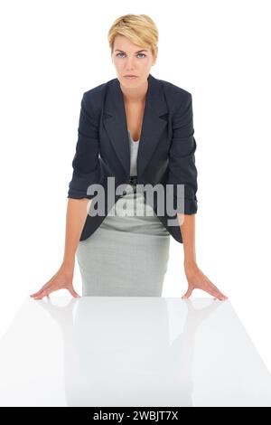 Hr manager, studio or portrait of a woman at a desk for recruitment, hiring and start of an interview. Serious lady, assertive or business Stock Photo