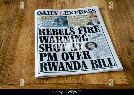 10 January 2024.  Front page headline in Daily Express reads Rebels fire warning shot at PM over Rwanda bill. Stock Photo