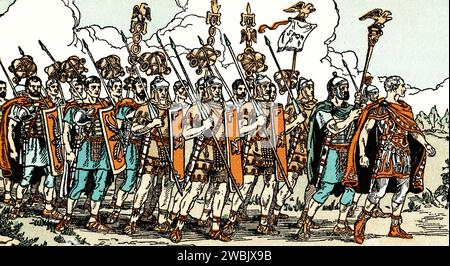 Caesar marches at the head of his legion in the invasion and conquest of Gaul. The Gallic Wars were waged between 58 and 50 BC by the Roman general Julius Caesar (100BC-44BC), against the peoples of Gaul. Stock Photo