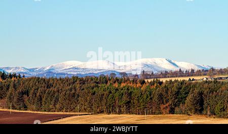 Dundee, Tayside, Scotland, UK. 11th Jan, 2024. UK Weather: The snow-covered Driesh and Mayar mountains of the Angus Glens behind the Dundee Sidlaw Hills and Strathmore Valley make a stunning winter landscape in the January sunshine. Credit: Dundee Photographics/Alamy Live News Stock Photo