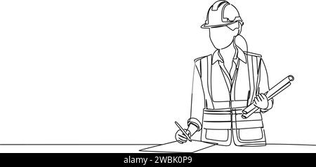 continuous single line drawing of civil engineer or architect with constructions plans, line art vector illustration Stock Vector
