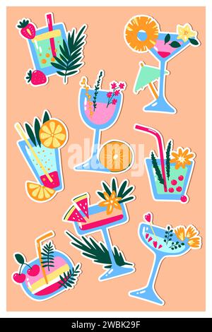Cartoon tropical cocktails sticker set. Color Drinks on Peach background. Hand-drawn liquor with straws, fruits, berries, leaves, spices. Beverage, so Stock Vector