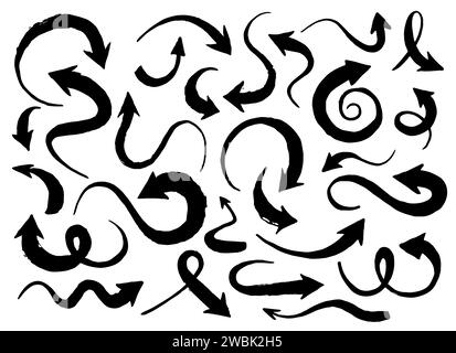 Hand drawn set of different arrows, in various shapes and forms painted with ink brush, isolated on white background. Vector illustration Stock Vector