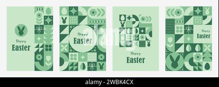 Happy Easter postcards. Set of 4 minimal vintage 20s geometric design posters with green primitive shapes elements. Neo geometrical pattern. Vector Stock Vector