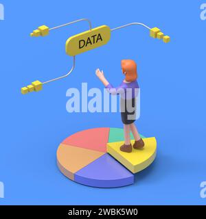 3D illustration of Asian man Felix stands on a slice of chart pie and big yellow button that says data, data analysis.3D rendering on blue background. Stock Photo