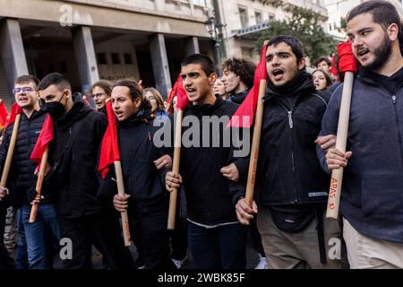 Athen, Greece. 11th Jan, 2024. Students chant slogans during a demonstration against the planned admission of private universities, including: 'No to private universities', 'Hands off our education' and 'Education must remain free for all'. Student associations and the teachers' union OLME had called for the protests. Credit: Socrates Baltagiannis/dpa/Alamy Live News Stock Photo