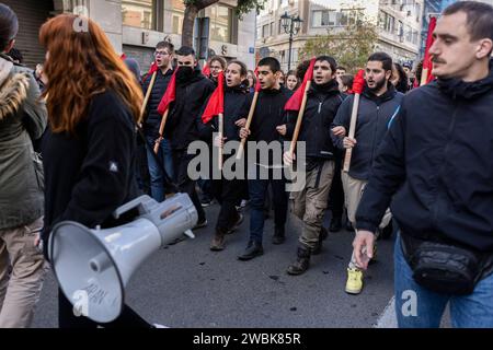 Athen, Greece. 11th Jan, 2024. Students chant slogans during a demonstration against the planned admission of private universities, including: 'No to private universities', 'Hands off our education' and 'Education must remain free for all'. Student associations and the teachers' union OLME had called for the protests. Credit: Socrates Baltagiannis/dpa/Alamy Live News Stock Photo