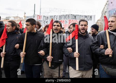 Athen, Greece. 11th Jan, 2024. Students chant slogans during a demonstration against the planned admission of private universities, including: 'No to private universities', 'Hands off our education' and 'Education must remain free for all'. Student associations and the teachers' union OLME had called for the protests. Credit: Socrates Baltagiannis/dpa/Alamy Live News Stock Photo