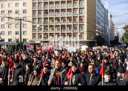 Athen, Greece. 11th Jan, 2024. Students march through the streets chanting slogans during a demonstration against the planned approval of private universities, including: 'No to private universities', 'Hands off our education' and 'Education must remain free for all'. Student associations and the teachers' union OLME had called for the protests. Credit: Socrates Baltagiannis/dpa/Alamy Live News Stock Photo