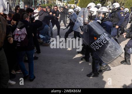 Athen, Greece. 11th Jan, 2024. Students clash with the police during a demonstration against the planned admission of private universities. Student associations and the teachers' union OLME had called for the protests. Credit: Socrates Baltagiannis/dpa/Alamy Live News Stock Photo