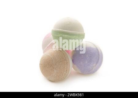 Bath salts in the form of a balls isolated on white background. Top view Stock Photo