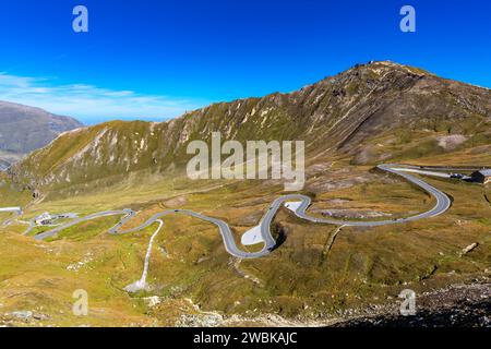 Research center and museum Haus Alpine Naturschau, view from the Fuschertörl on the serpentines of the Grossglockner High Alpine Road, behind Edelweisspitze, 2572 m, Hohe Tauern National Park, Austria, Europe Stock Photo