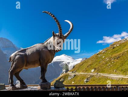 Ibex sculpture, Wilhelm Swarovski observation tower at the back, Kaiser-Franz-Josef-Haus with panorama restaurant, Kaiser-Panoramaweg, Kaiser-Franz-Josefs-Höhe, Großglockner area, Hohe Tauern National Park, Austria Stock Photo