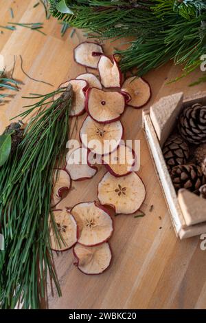 Dried apple rings and fir greenery for Advent wreaths. Stock Photo
