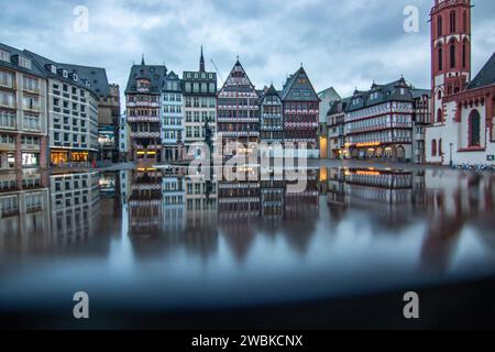Impressions from the historic city center of Frankfurt am Main. Beautiful old town with old houses and alleys. Reflections in the morning without people Stock Photo
