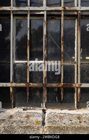 Rusted metal grille in front of an old sash bar window Stock Photo