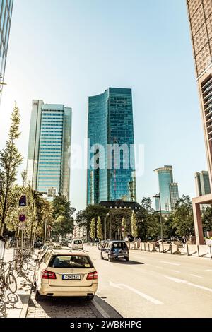 Frankfurt, Germany - Jan 23, 2020: Omniturm Tower and Grosse Gallusstrasse Street at Bankenviertel business district - Frankfurt, Germany Stock Photo