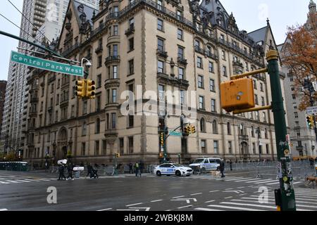 The Dakota building in the historic Central Park West area of Manhattan New York City, Streets being readied for the Thanksgiving Day parade 2023. Stock Photo