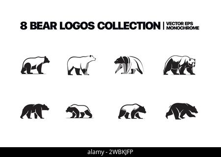 Monochrome illustrations of stylized bears. Pictures set for logos or badges design. Vector bear animal, wild mammal monochrome silhouette. Vector ill Stock Vector