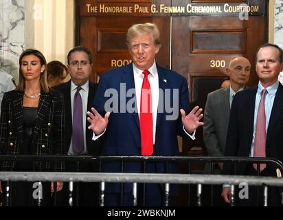 New York, United States. 10th Jan, 2024. Former United States President Donald Trump enters the courtroom in his civil fraud trial at State Supreme Court on Thursday, January 11, 2023 in New York City. The case which enters closing arguments today was brought last September by New York Attorney General Letitia James, accuses Trump, his eldest sons and his family business of inflating Trump's net worth by more than $2 billion by overvaluing his real estate portfolio. Photo by Louis Lanzano /UPI Credit: UPI/Alamy Live News Stock Photo