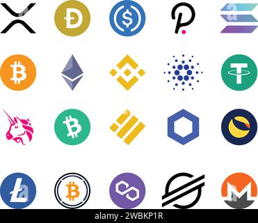 Cryptocurrency logo vector icon. . Crypto currency coin . Lumens, Siacoin, BitConnect, Gnosis, Bytecoin, Dash, Litecoin, Augur, Monero, Ethereum, BitS Stock Vector