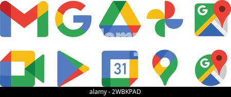 Google popular and highly using apps and services logo set. Meetup, Playstore, Calendar, photo Gmail, Drive, Map, Stock Vector