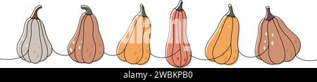 Autumn halloween pumpkins. Pumpkins set one line colored continuous drawing. Autumn halloween vegetables continuous one line illustration. Stock Vector
