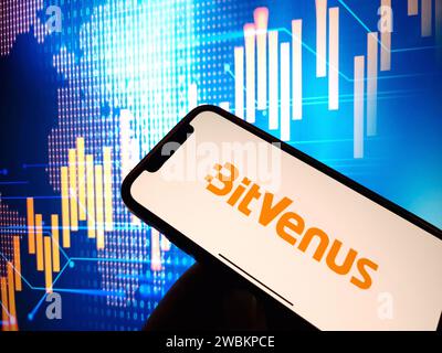 Konskie, Poland - January 05, 2024: BitVenus cryptocurrency exchange logo displayed on smartphone on crypto market data background Stock Photo