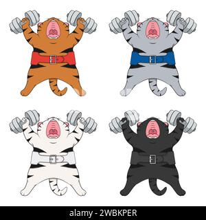 Set of color illustrations with cute cat with dumbbells and athletic belt. Isolated vector objects on white background. Stock Vector
