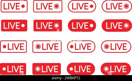 Set of live streaming icons. Red symbols and buttons of live streaming, broadcasting, online stream. Lower third template for tv, shows, movies and li Stock Vector