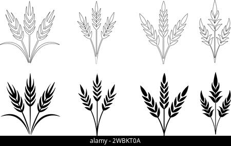 Bunches of wheat or rye ears with whole grain. Wheat wreaths and grain spikes set icons. Vector illustration Stock Vector