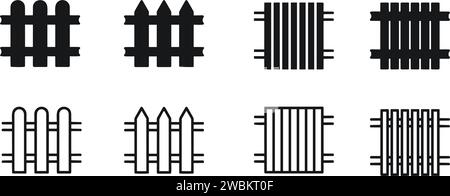 wooden fence vector set, garden or farm palisade, gates or balustrade with pickets. Enclosure railing, banister or fencing sections. Wooden fence and Stock Vector