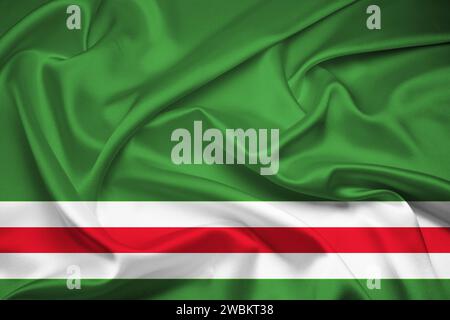 Flag of Chechen Republic of Ichkeria, Fabric flag of Chechen Republic of Ichkeria. Chechen Republic of Ichkeria Fabric and Texture Flag. Stock Photo