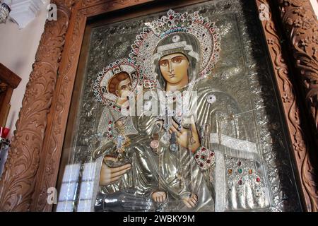 silver icon in a church in an orthodox monastery (agia triada) in crete in greece Stock Photo