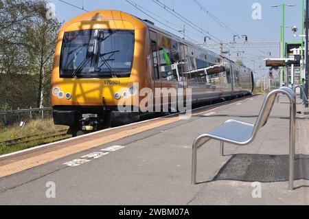 British Rail Class 170 Turbostar Diesel Multiple Unit 170501 stands at Rugeley Trent Valley awaiting its next turn to Birmingham New Street April 2019 Stock Photo