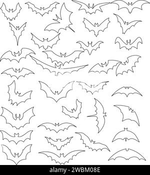 Bats horror line set. Sticker with black mouse for Halloween decoration. Simple icon with animal from different sides. Silhouette of flying bat collec Stock Vector